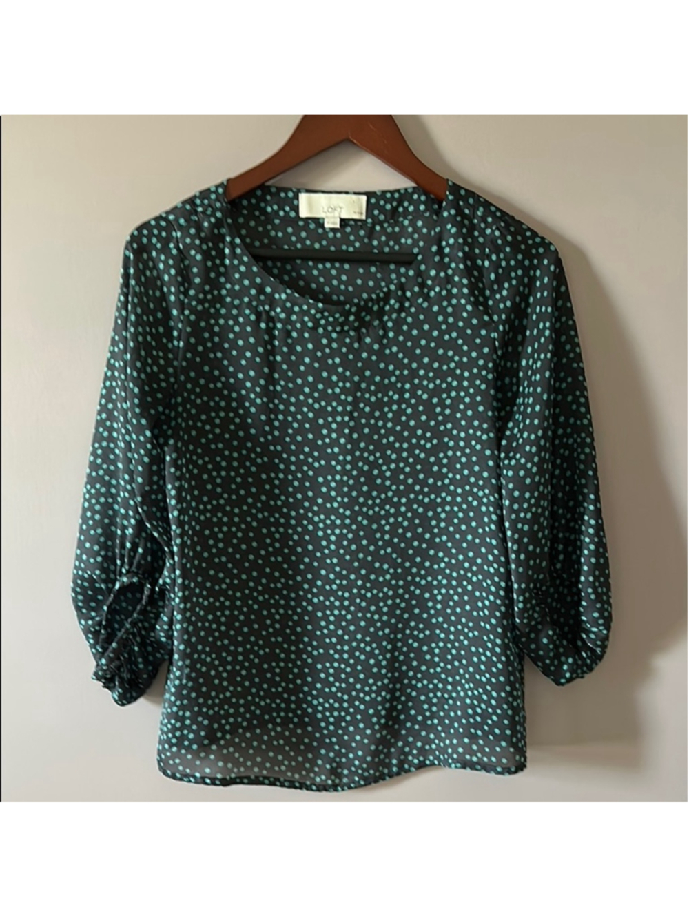 Loft Navy Blue Green Polka Dot Women's Top Blouse Petite - SP